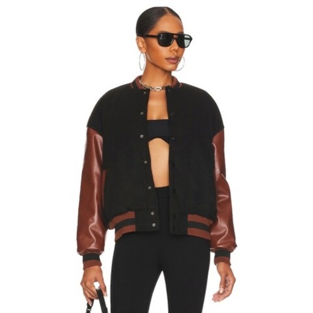 superdown Black Bomber Varsity Jacket with Brown Sleeves